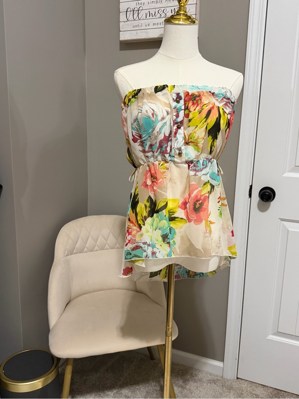 Strapless Floral Chiffon Peplum Top - Cream Base with Bright Florals